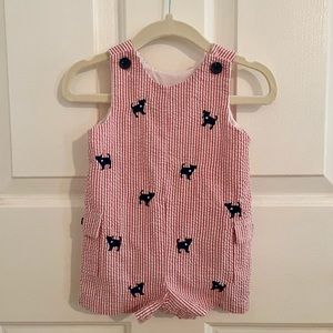 COPY - Baby Boy Red Seersucker Puppy Dog Shortall